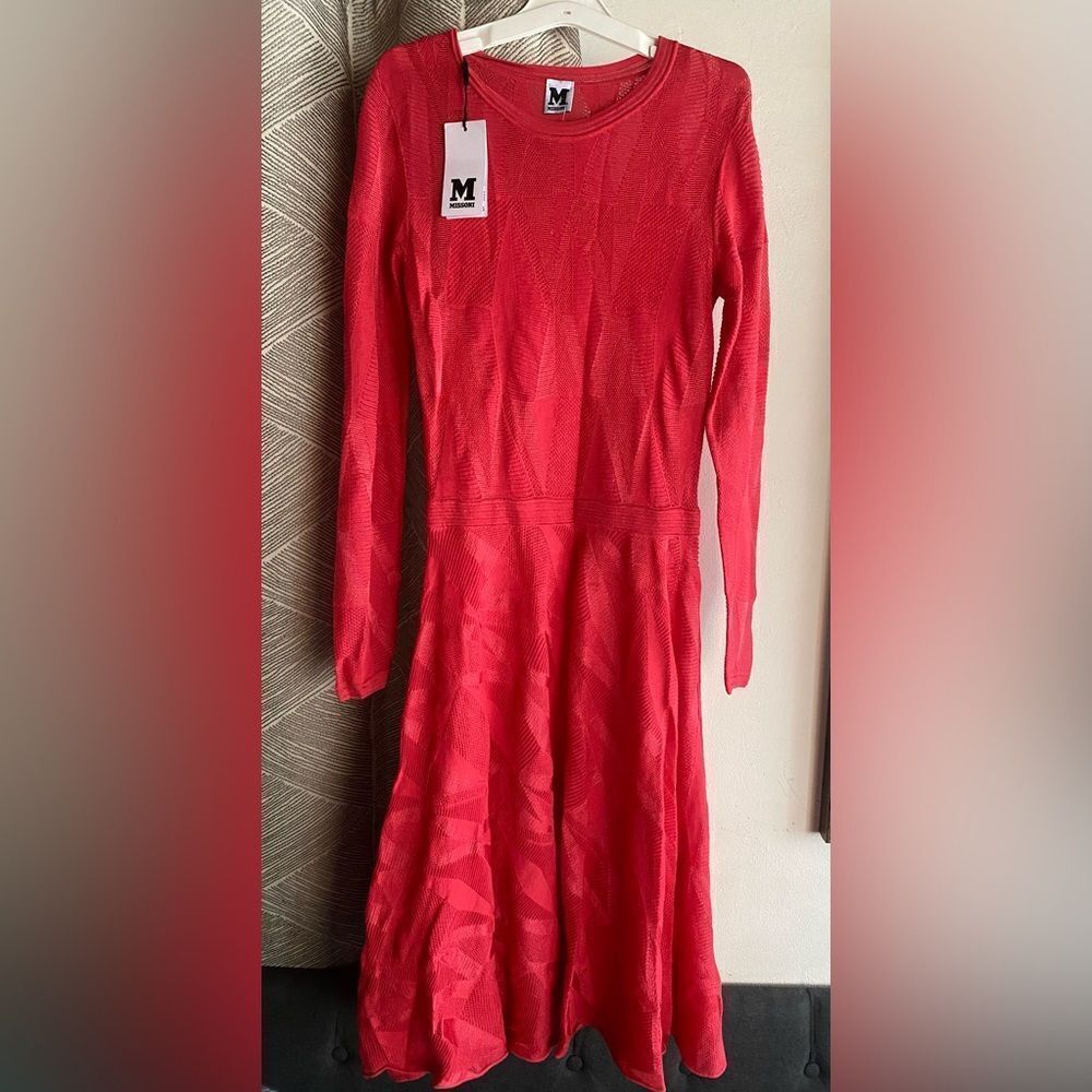 M Missoni Long-Sleeve Fit and Flare Midi Knit Dress Coral sz US M/IT 42 $750 NWT